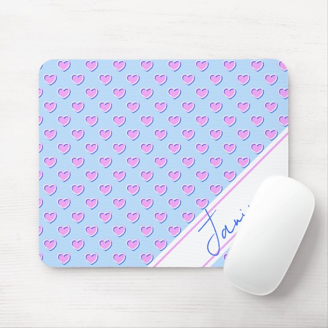 Enchanting Light Blue Cute Pink Hearts Custom Name Mouse Pad (With Mouse)