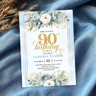 Enchanting light blue gold look 90th birthday invitation