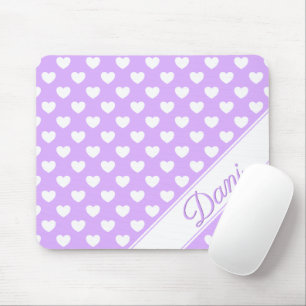 Enchanting Lilac Custom Name White Hearts Mouse Pad
