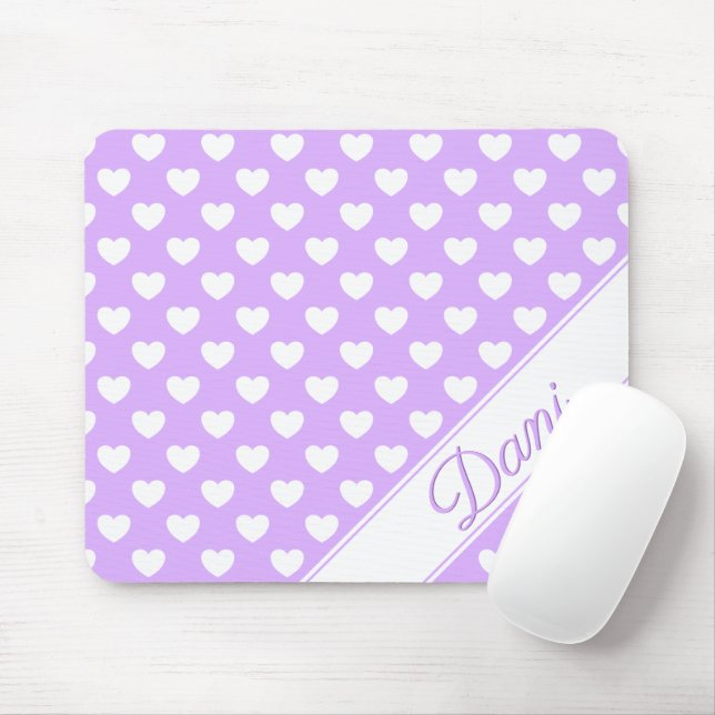 Enchanting Lilac Custom Name White Hearts Mouse Pad (With Mouse)