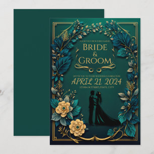 Enchanting Love: Emerald Green and Gold Invitation