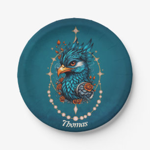 Enchanting majestic blue bird. paper plate