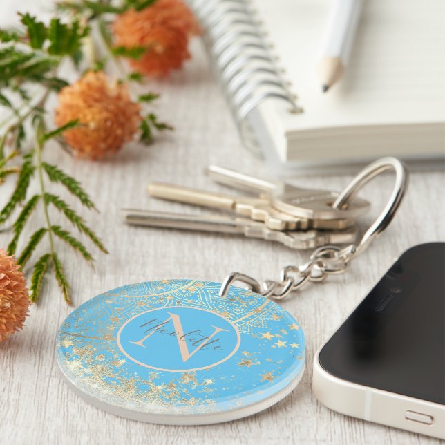 Enchanting Mandala with Gold Stars Monogram   Key Ring (Front Right)