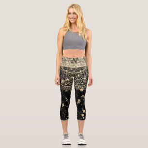 Enchanting Mandala with Gold Stars on Black Capri Leggings