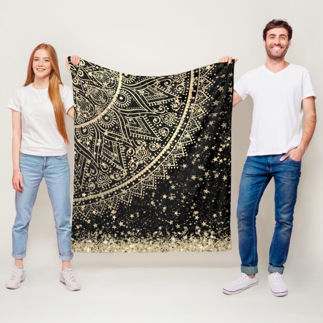 Enchanting Mandala with Gold Stars on Black   Fleece Blanket (In Situ)