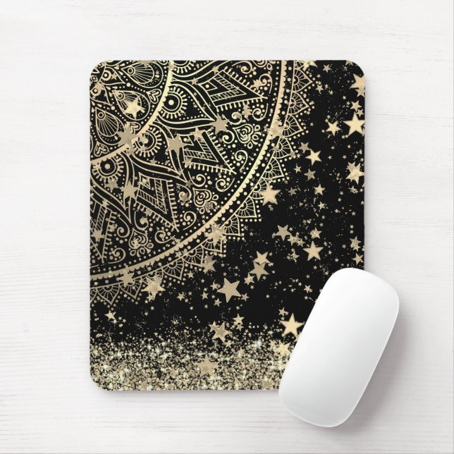 Enchanting Mandala with Gold Stars on Black        Mouse Pad (With Mouse)