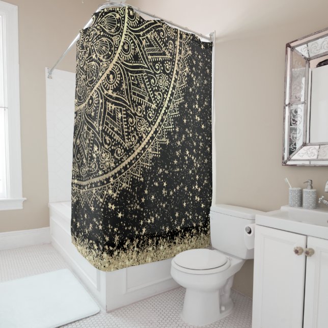 Enchanting Mandala with Gold Stars on Black Shower Curtain (In Situ)