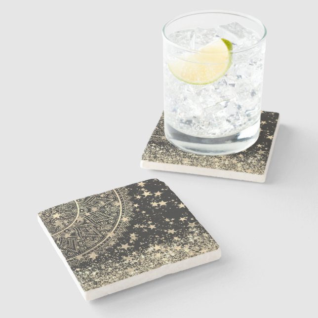 Enchanting Mandala with Gold Stars on Black   Stone Coaster (Side)