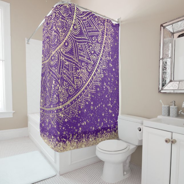 Enchanting Mandala with Gold Stars on Purple Shower Curtain (In Situ)