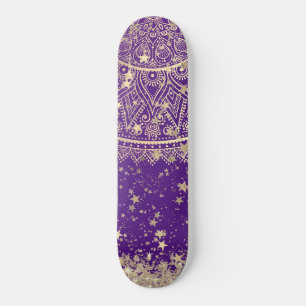 Enchanting Mandala with Gold Stars on Purple  Skateboard
