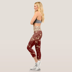 Enchanting Mandala with Gold Stars on Red Capri Leggings