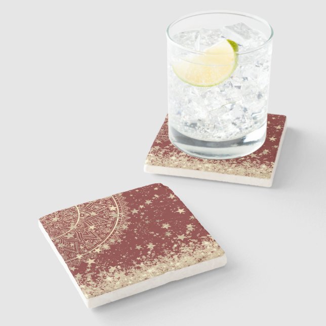 Enchanting Mandala with Gold Stars on Red Stone Coaster (Side)