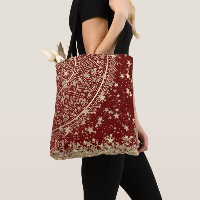 Enchanting Mandala with Gold Stars on Red Tote Bag (Close Up)