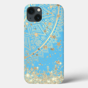 Enchanting Mandala with Gold Stars on Turquoise iPhone 13 Case