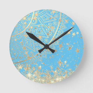 Enchanting Mandala with Gold Stars on Turquoise Round Clock