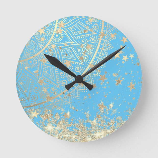Enchanting Mandala with Gold Stars on Turquoise  Round Clock (Front)