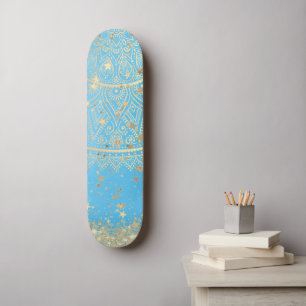 Enchanting Mandala with Gold Stars on Turquoise    Skateboard