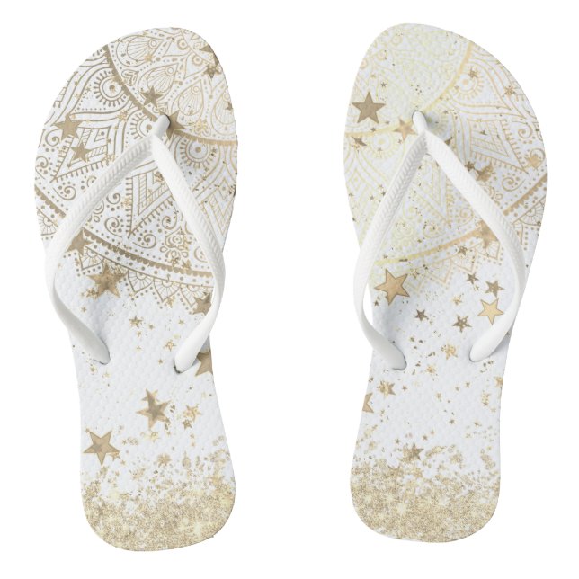 Enchanting Mandala with Gold Stars on White  Jandals (Footbed)