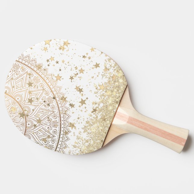 Enchanting Mandala with Gold Stars on White  Ping Pong Paddle (Side)