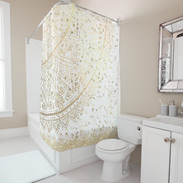 Enchanting Mandala with Gold Stars on White   Shower Curtain (In Situ)