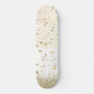 Enchanting Mandala with Gold Stars on White  Skateboard