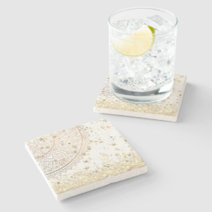 Enchanting Mandala with Gold Stars on White    Stone Coaster