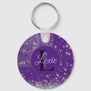 Enchanting Mandala with Silver Stars on Purple Key Ring