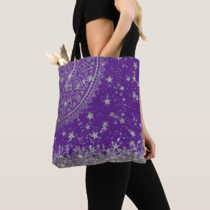 Enchanting Mandala with Silver Stars on Purple Tote Bag