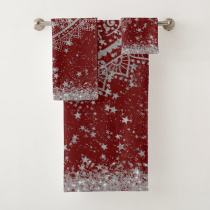 Enchanting Mandala with Silver Stars on Red  Bath Towel Set