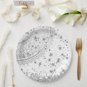 Enchanting Mandala with Silver Stars on White Paper Plate