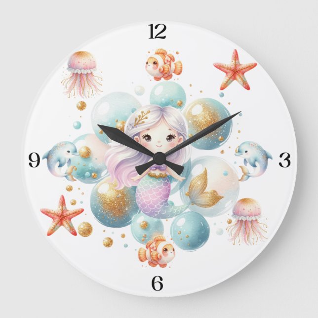 Enchanting Mermaid Princess with Marine Friends Large Clock (Front)