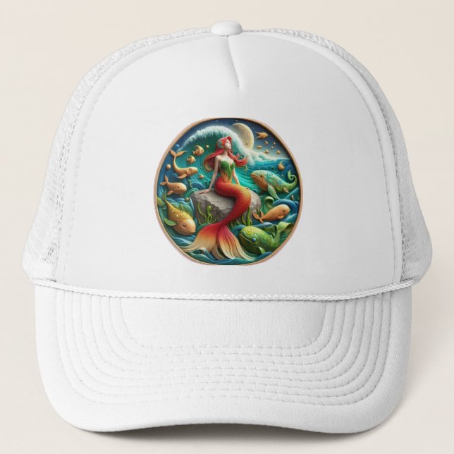 Enchanting Mermaid Sitting on a Rock Under a Moonl Trucker Hat (Front)