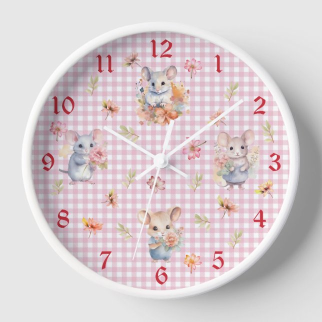 Enchanting Mice on Pink Gingham Check Wall Clock (Front)