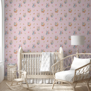 Enchanting Mice on Pink Gingham Check With Flowers Wallpaper