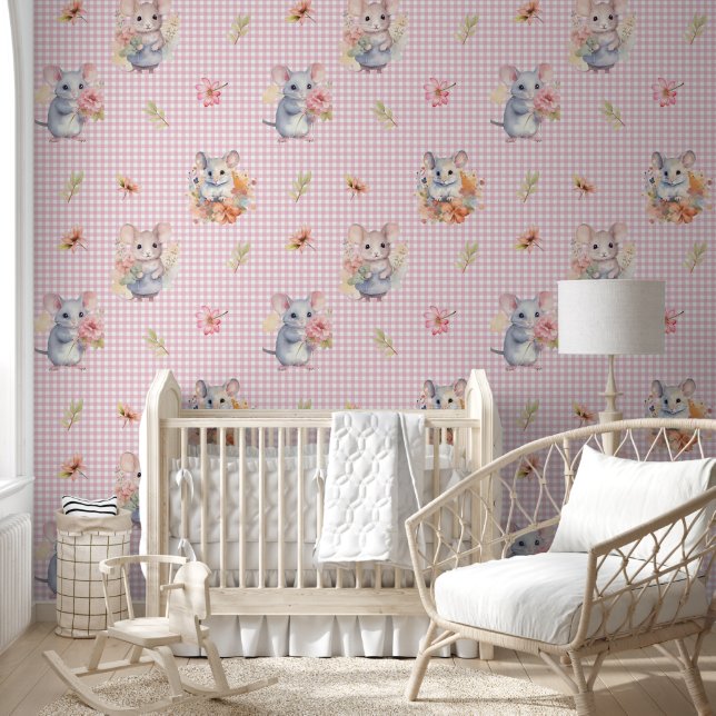 Enchanting Mice on Pink Gingham Check With Flowers Wallpaper (Kids)