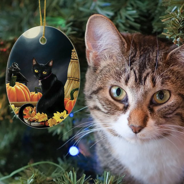 Enchanting Moonlit Black Autumn Cat Pumpkins Ceramic Tree Decoration (Creator Uploaded)