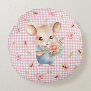 Enchanting Mouse on Pink Gingham Check Round Cushion