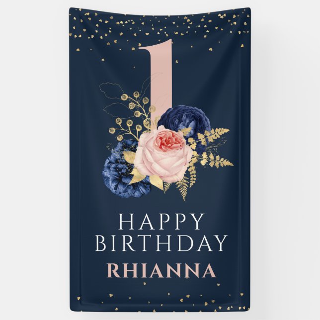 Enchanting Navy and Pink Floral 1st Birthday Party Banner (Vertical)