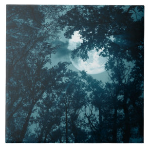 Enchanting Night Forest with Full Moon Tile