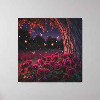 Enchanting Night Scene with Glowing Fireflies Canvas Print