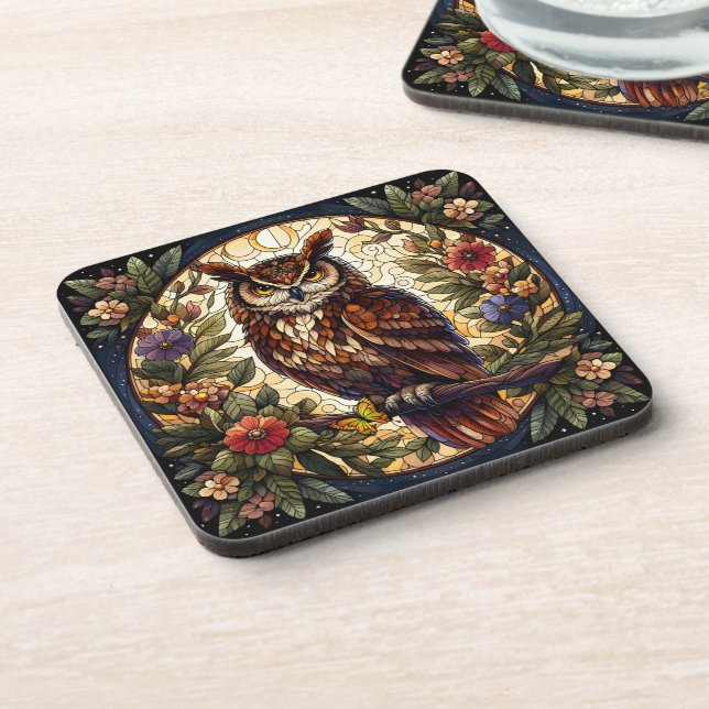 Enchanting Nocturnal Owl Stained Glass Art Coaster (Left Side)