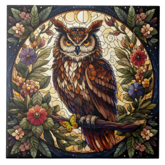 Enchanting Nocturnal Owl Stained Glass Art Tile