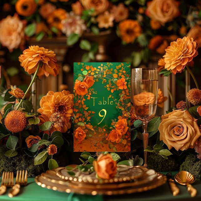 Enchanting Orange and Green Druid Hill Wedding Table Number (Druid Hill Autumn Wedding Table Number )