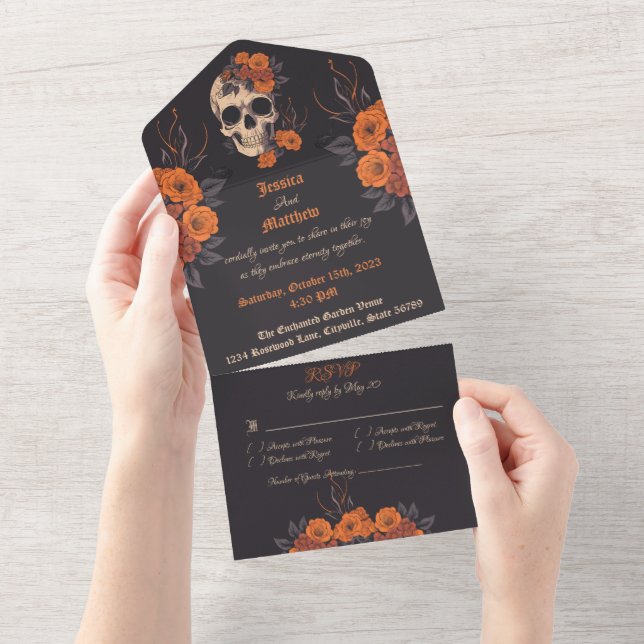 Enchanting Orange Bouquet on Cream Skull All In One Invitation (Tearaway)