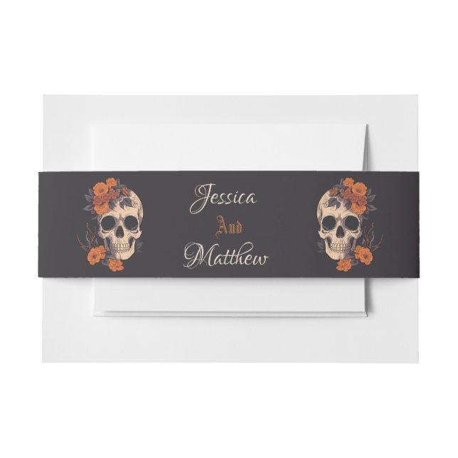 Enchanting Orange Bouquet on Cream Skull Invitation Belly Band (Front Example)