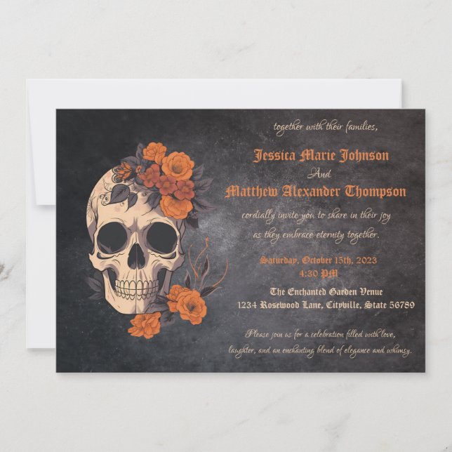 Enchanting Orange Bouquet on Cream Skull Wedding Invitation (Front)