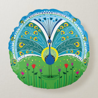 Enchanting Peacock Symmetry Round Cushion