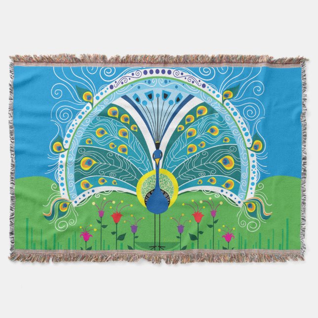 Enchanting Peacock Symmetry Throw Blanket (Front)
