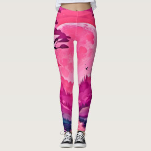 Enchanting Pink Moon: Cartoon Art Leggings