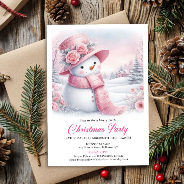 Enchanting Pink Snowman Editable Christmas Invite  (Enchanting Pink Snowman Editable Christmas Invite Download)